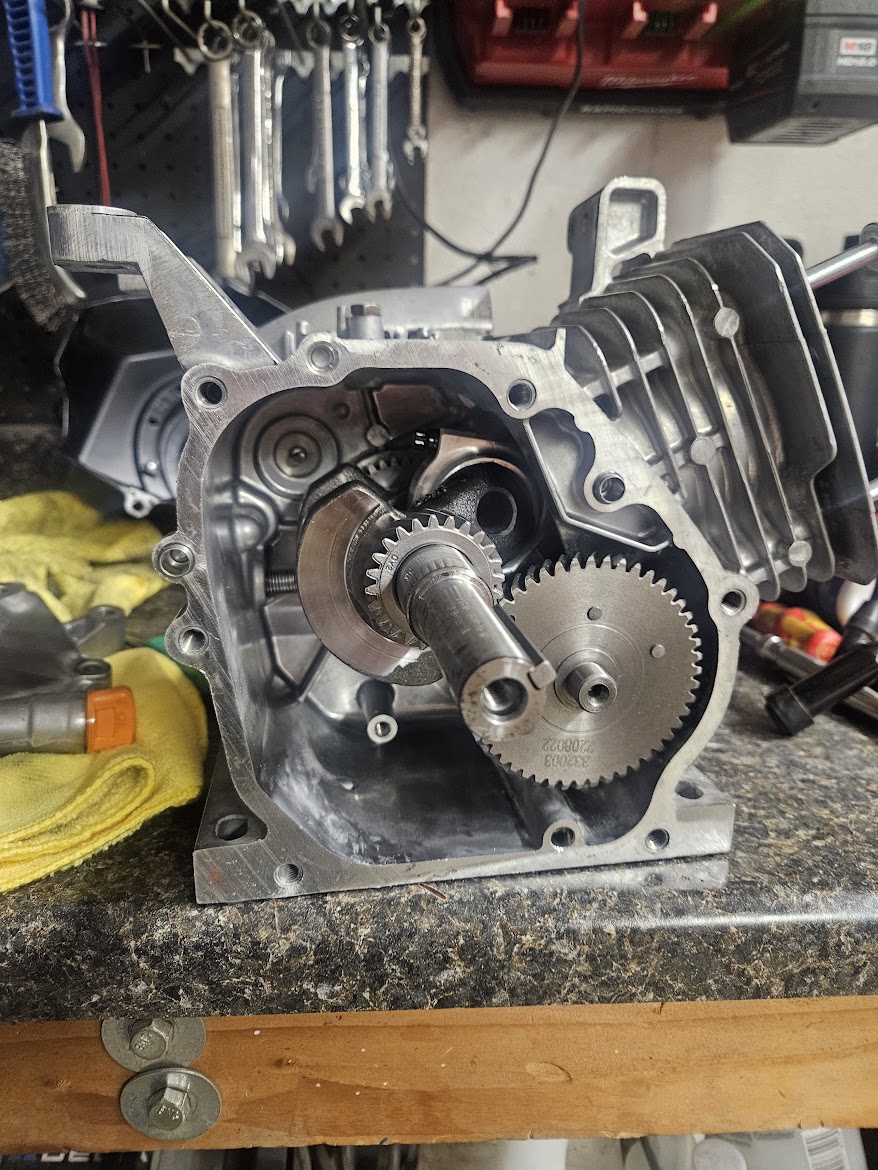 Open crankcase on the workbench showing crank and cam gear